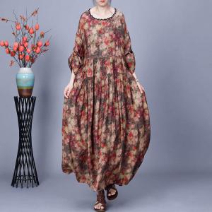 Empire Waist Printed Silky Peasant Winery Dress