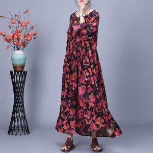 Empire Waist Printed Silky Peasant Winery Dress