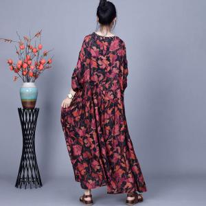 Empire Waist Printed Silky Peasant Winery Dress