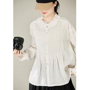 Ruffle Collar Pleated Linen White Peasant Blouse