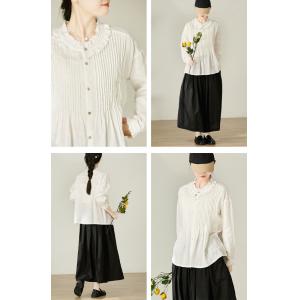 Ruffle Collar Pleated Linen White Peasant Blouse