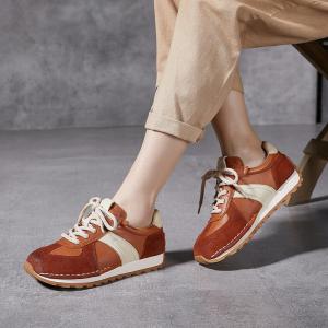 Color Blocks Cowhide Leather Tied Sports Trainers