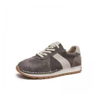 Color Blocks Cowhide Leather Tied Sports Trainers