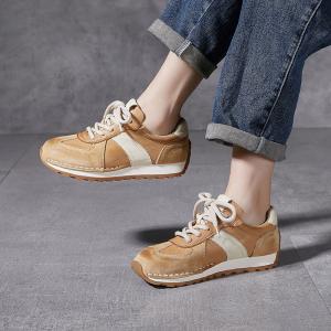 Color Blocks Cowhide Leather Tied Sports Trainers