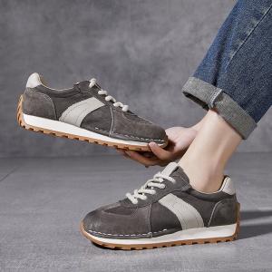 Color Blocks Cowhide Leather Tied Sports Trainers