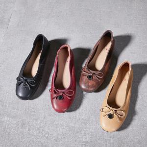 Bowknot Round Toe Cowhide Granny Flats