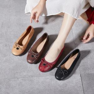 Bowknot Round Toe Cowhide Granny Flats