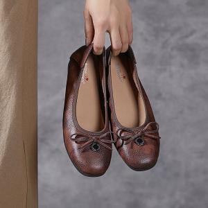 Bowknot Round Toe Cowhide Granny Flats