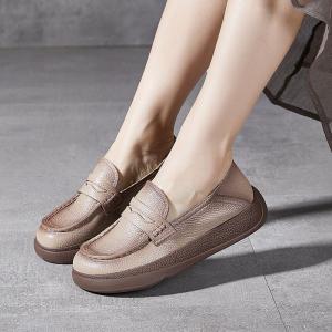 Round Toe Leather Wedge Loafers for Women