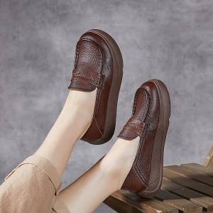 Round Toe Leather Wedge Loafers for Women