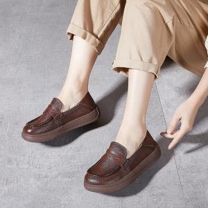 Round Toe Leather Wedge Loafers for Women