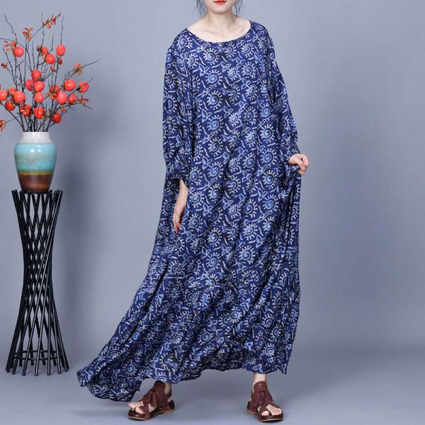 Spring Blue Printed Loose Maxi Trapeze Dress