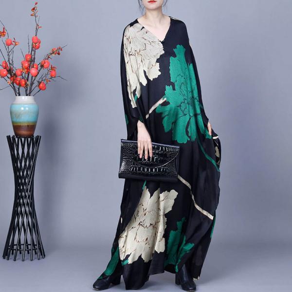 Big Flowers Printed V-Neck Maxi Flowing Dress