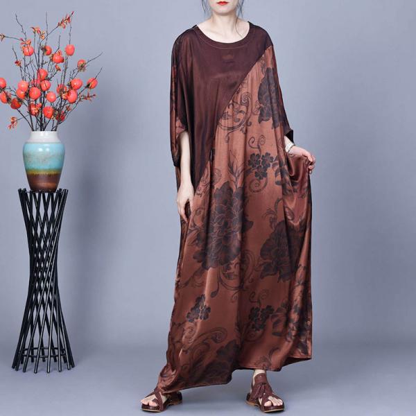 Bat Sleeves Silk Peony Printed Brunch Dress