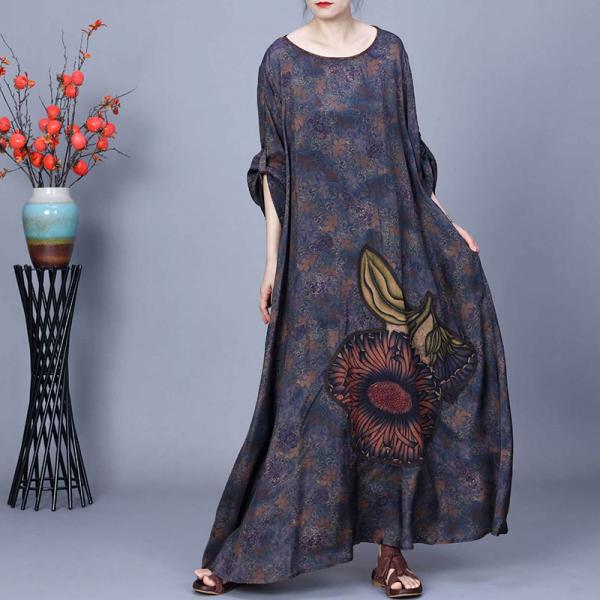 Big Flowers Patchwork Silk Maxi Loose Dress