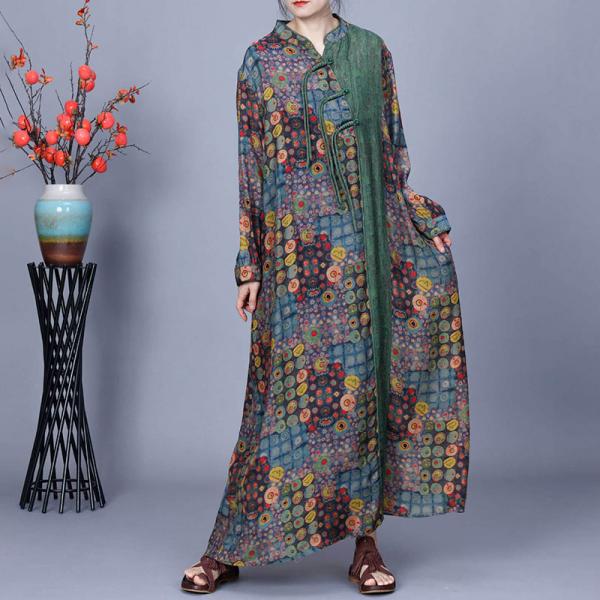 Colorful Dots Chinese Pankou Green Modern Qipao Dress