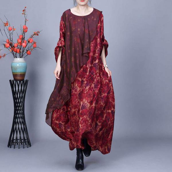 Red Floral Loose Flouncing Prairie Dress