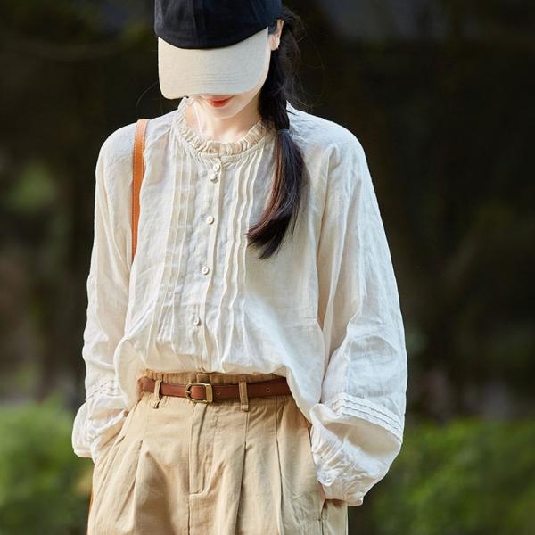 Classic Beige Linen Peasant Blouse