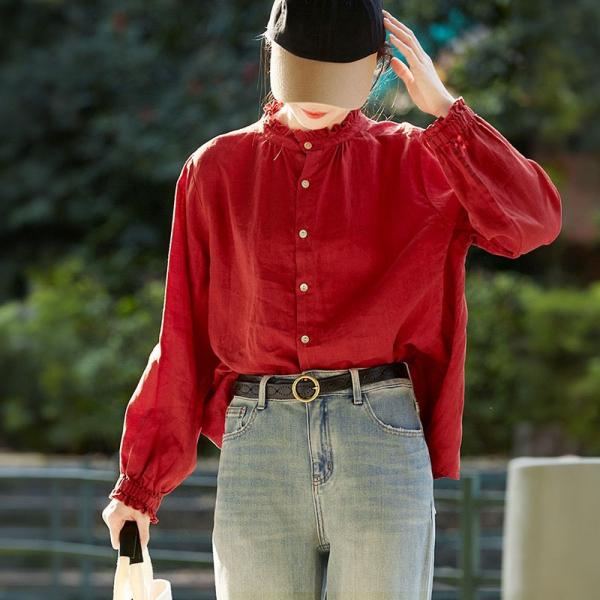 Ruffled Collar Plain Long Sleeve Flax Shirt