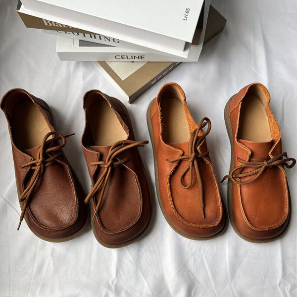 Round Toe Soft Leather Tied Loafers