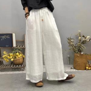 Drawstring Waist White Palazzo Pants Ramie Embroidered Trousers