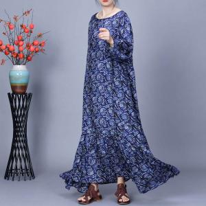 Spring Blue Printed Loose Maxi Trapeze Dress