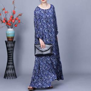 Spring Blue Printed Loose Maxi Trapeze Dress