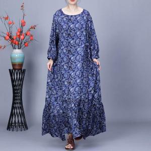 Spring Blue Printed Loose Maxi Trapeze Dress