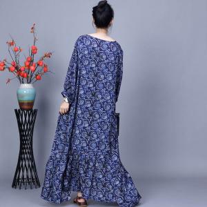 Spring Blue Printed Loose Maxi Trapeze Dress