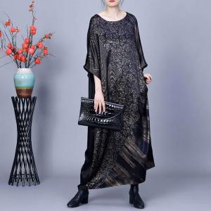 Rose Printed Glittering Black Plus Size Modest Dress