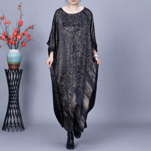 Rose Printed Glittering Black Plus Size Modest Dress