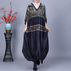 V-Neck Black Loose Pleated Empire Waist Dress