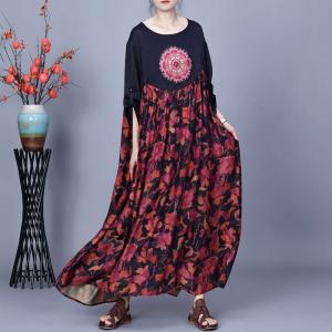 Red Flowers Dotted Patchwork Silky Winery Dress
