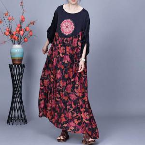 Red Flowers Dotted Patchwork Silky Winery Dress