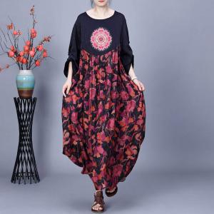 Red Flowers Dotted Patchwork Silky Winery Dress