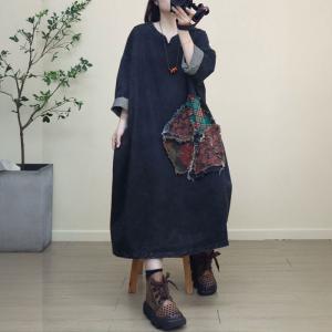 Fringed Printed Patchwork Black Denim Caftan