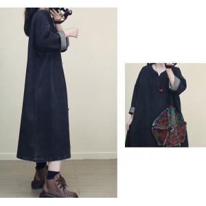 Fringed Printed Patchwork Black Denim Caftan