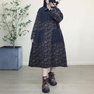 Black Pockets Printed Denim Polo A-Line Dress