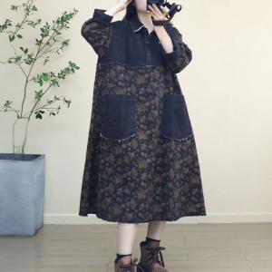 Black Pockets Printed Denim Polo A-Line Dress