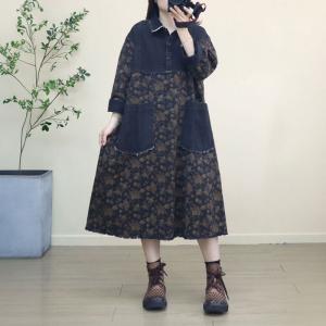 Black Pockets Printed Denim Polo A-Line Dress