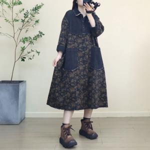 Black Pockets Printed Denim Polo A-Line Dress