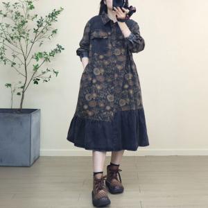 Rose Printed Black Hem Polo Flowing Jean Dress