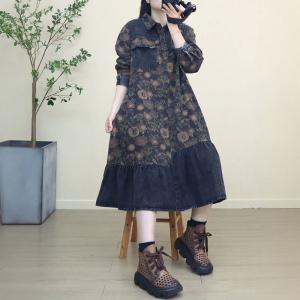 Rose Printed Black Hem Polo Flowing Jean Dress