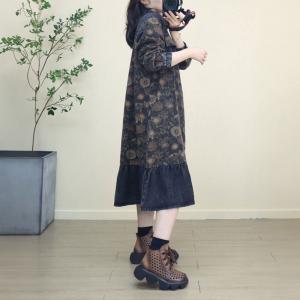 Rose Printed Black Hem Polo Flowing Jean Dress