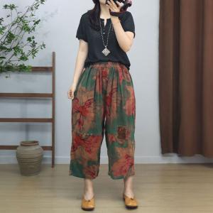 Patchwork Ornament Corduroy Ankle Wide Leg Pants