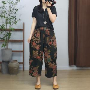 Patchwork Ornament Corduroy Ankle Wide Leg Pants