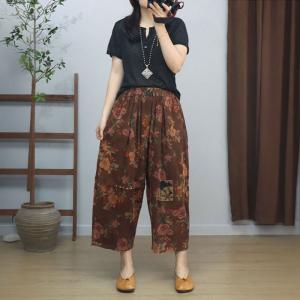 Patchwork Ornament Corduroy Ankle Wide Leg Pants