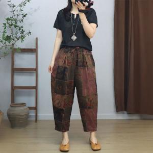 Square Patchwork Printed Cotton Linen Carrot Pants