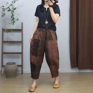 Square Patchwork Printed Cotton Linen Carrot Pants