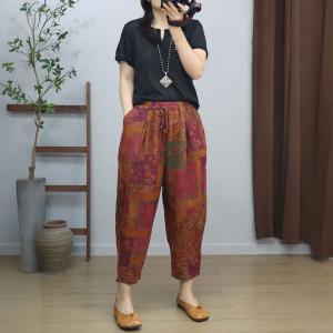 Square Patchwork Printed Cotton Linen Carrot Pants